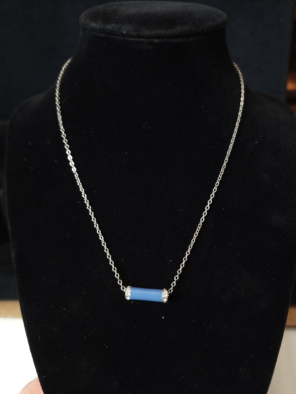 Lia Sophia Silver Chain Necklace with Blue Cylindrical Accent - Women Jewelry